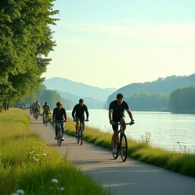 Radfahrer am Donauufer bei Linz
